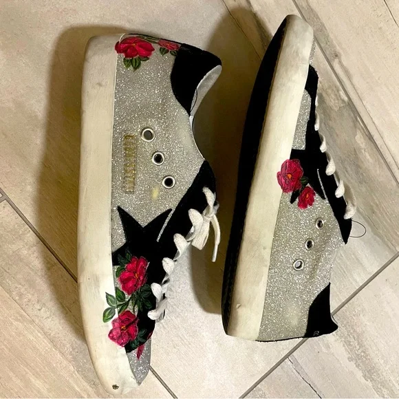 Golden Goose superstar glitter with hand paintedflowers 38 7